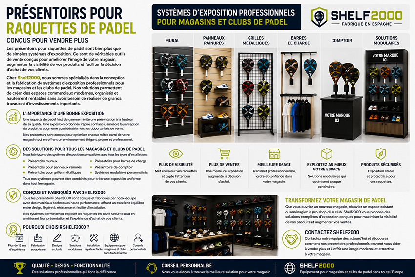 Présentoirs professionnels Shelf2000 pour raquettes de padel avec solutions murales, panneaux rainurés, grilles métalliques, comptoirs et magasins de padel